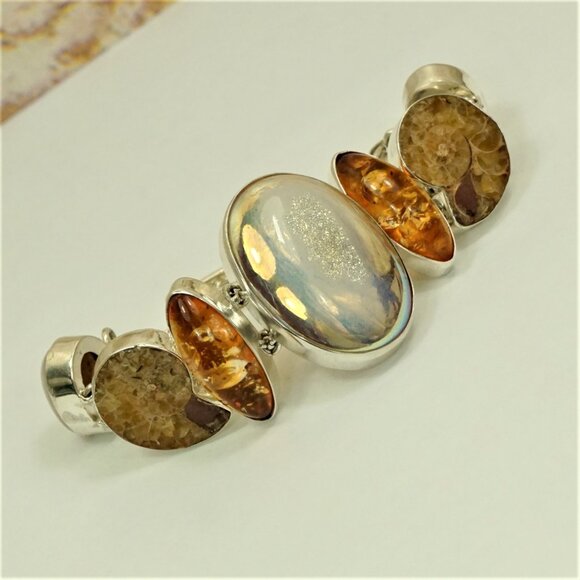 Rare Multi Stone 925 Silver Link Toggle Bracelet With Amber Ammonite Druzy MOP - Picture 12 of 16